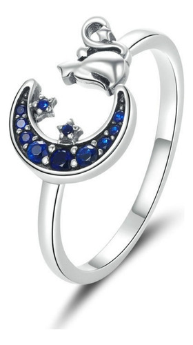 Anillo Gato Luna Azul Mujer Ajustable Plata Esterlina S925 