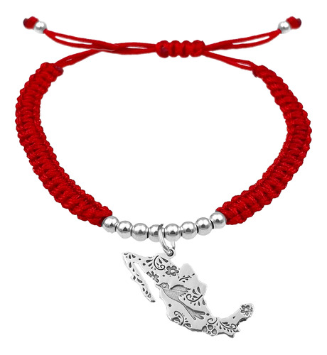 Pulsera Bolitas Mapa Mexico Figuras Plata 925 Roja