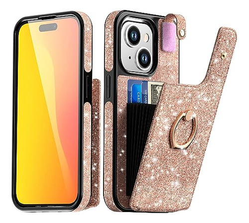 Funda Cartera Para iPhone 15 Rose Dorado
