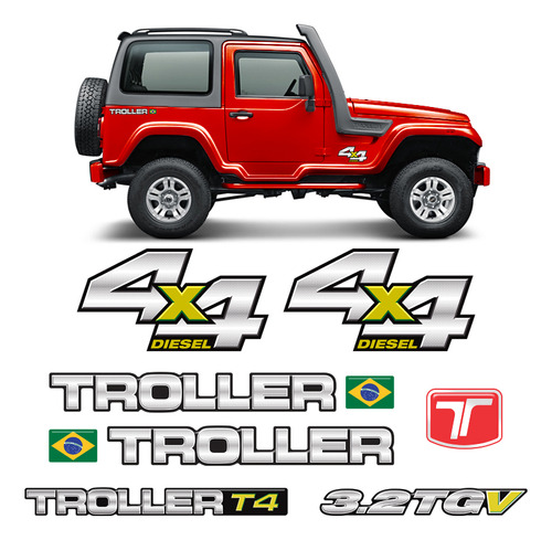 Kit Adesivos Troller T4 2013 4x4 Diesel Emblemas Resinados
