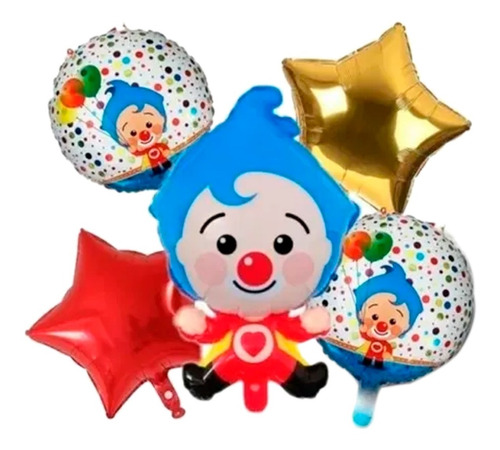 Set X5 Globos Metalizado Bouquet Personajes Fiesta Plim Plim