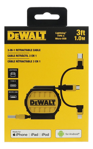 Cable De Carga Dewalt 3 En 1 Retráctil De 1 M Para Iphones/s