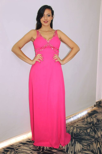 Vestido Fucsia De Gasa Bordado 15 Años Bodas Moda Pasion