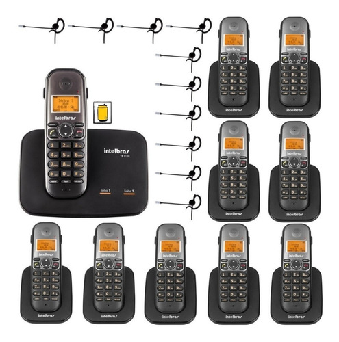 Kit Telefone Fixo Sem Fio 2 Linhas Com 9 Ramal Bina Headset