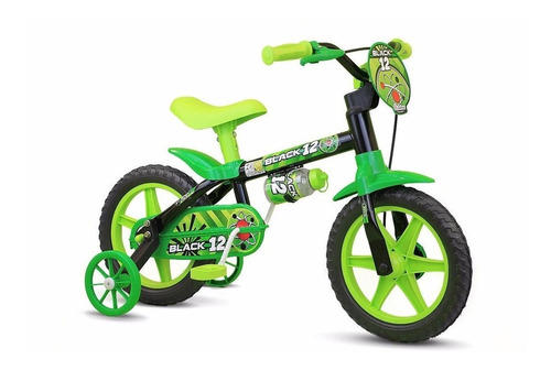 Imagem 1 de 3 de Bicicleta  infantil Nathor Black   12 freios tambor cor preto/verde com rodas de treinamento