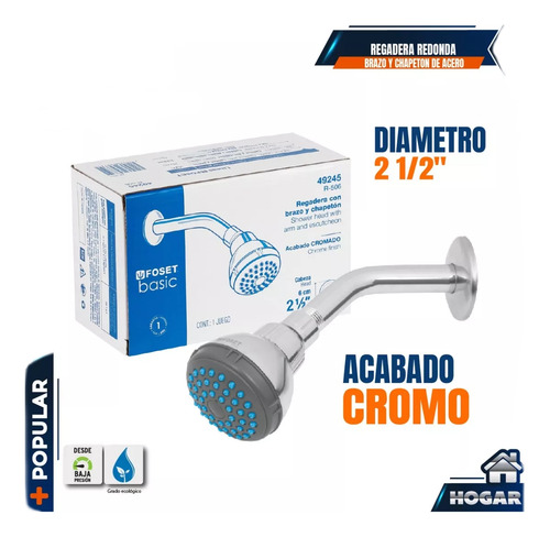 Regadera Redonda 2-1/2 Brazo Y Chapetón De Acero, Basic Fos