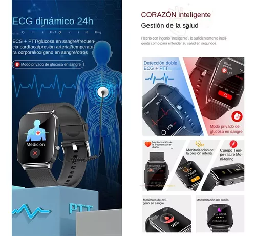 Reloj Inteligente ECG Monitor De Glucosa En Sangre,Temperatura  Corporal,Frecuencia Cardíaca,Presión Arterial,Oxígeno En Sangre,Monitor De