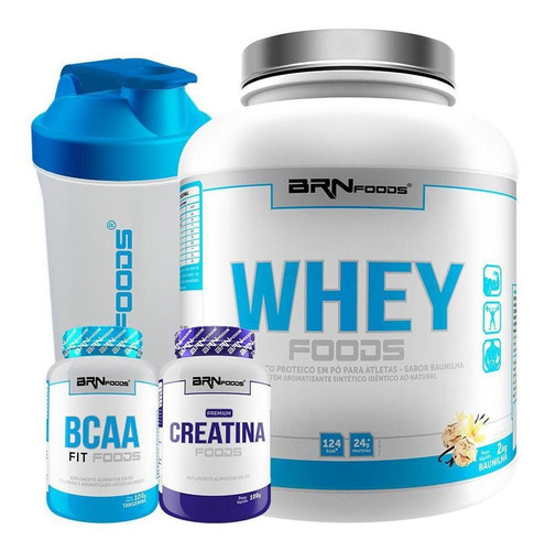 Kit Whey Protein Foods 2kg Baunilha Creatina Bcaa Shaker