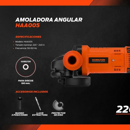 Imagen 3 de 8 de Amoladora Angular Hamilton 180mm 220v 2350w - Haa005