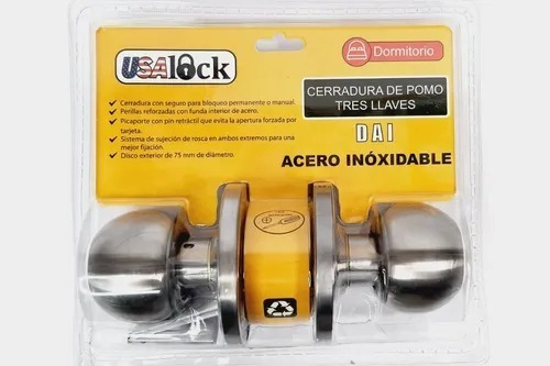 Cerradura De Pomo Dormitorio + 3 Llaves Acero Inoxidable Dai