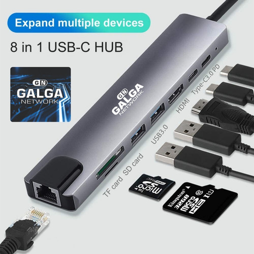 Imagen 3 de 10 de Hub Adaptador Macbook 8-1 Largo Hdmi-sd-micro-rj45-usb3.0-tc