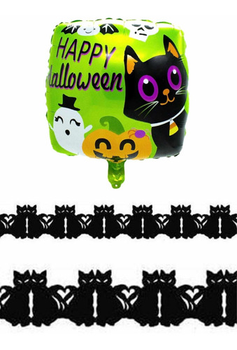 Pack Decoración Globos+guirnaldas Halloween Gato Negro