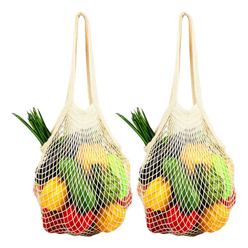 Bolsas De Malla 2 Unidades - Algodón 100%, Largas Asas, Beig