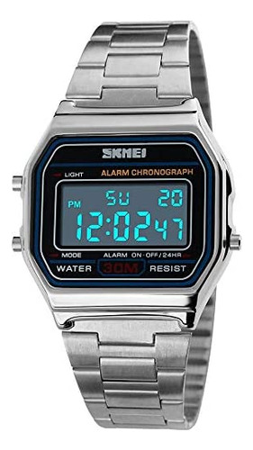 Pasoy Reloj Unisex Para Hombre Plata Acero Inoxidable Led