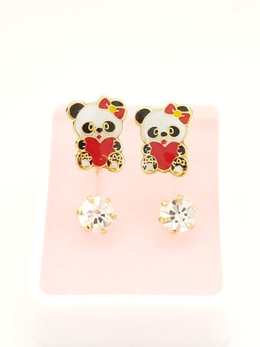 Aretes De Osita Panda Corazon Rojo De Oro Laminado R