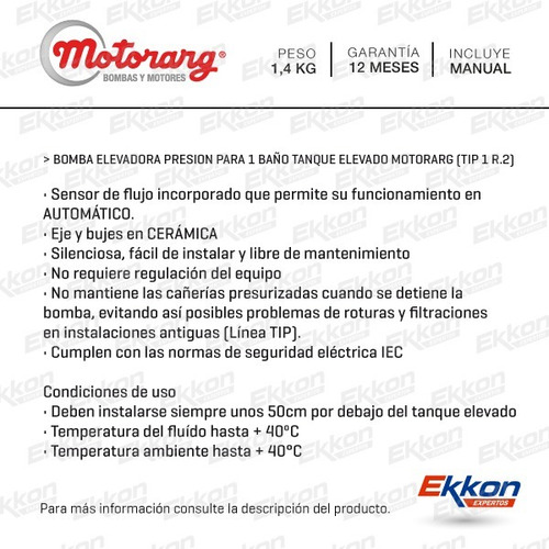 Imagen 2 de 6 de Bomba Presurizadora Motorarg Tip 1 Elevadora Agua + Presion