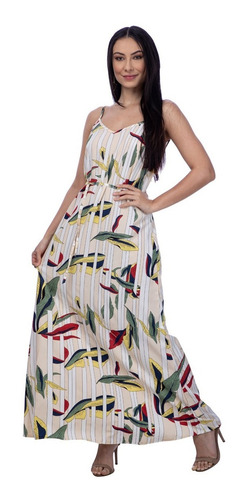 Imagem 1 de 6 de Vestido Longo Estampa Floral Fundo Azul Bege Fashion