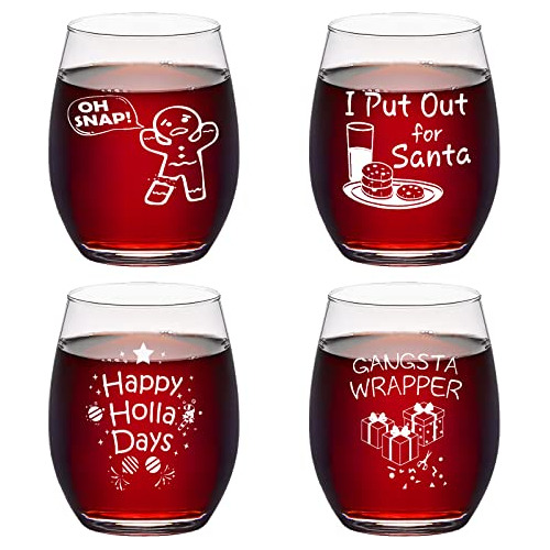 Christmas Themed Stemless Wine Glass Set Of 4, Funny Wi...