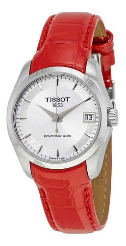 Reloj pulsera Tissot T-Classic Couturier de cuerpo color plata, analógico, para mujer, fondo plata, con correa de cuero color rojo, agujas color plata, dial plata, minutero/segundero negro, bisel color plata y mariposa