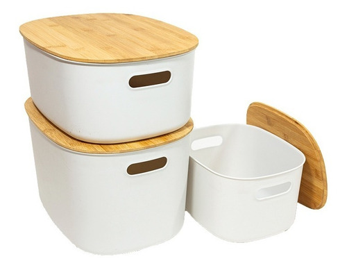 Imagen 4 de 6 de Set X2 Canasto Organizador Plastico Con Tapa Bambu 12 L Oval