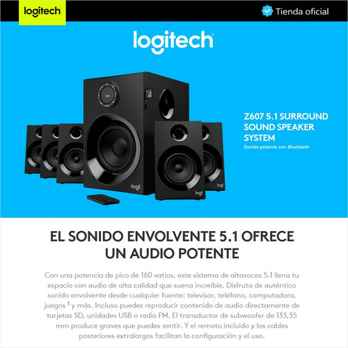 Imagen 2 de 8 de Logitech Z607, Altavoces 5.1 Sonido Envolvente Con Bluetooth