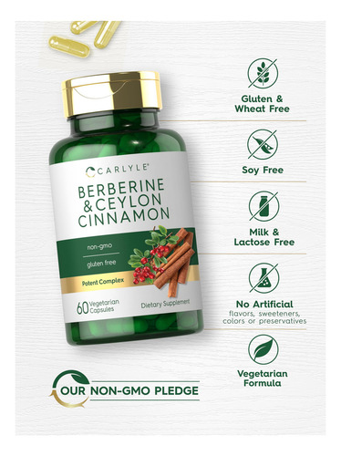 Suplemento Carlyle Berberine y canela de Ceilán, 2000 mg, 60 cápsulas
