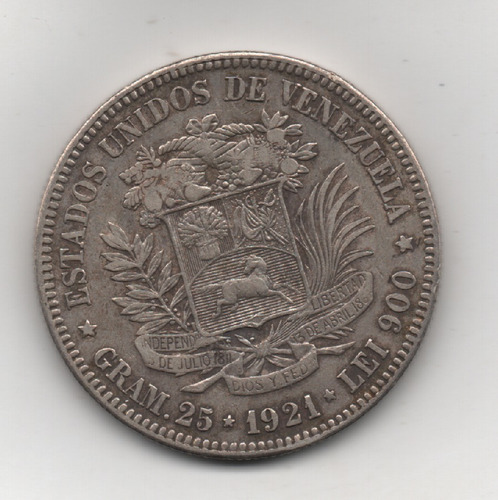 Moneda De 5 Bs De Plata De 1921