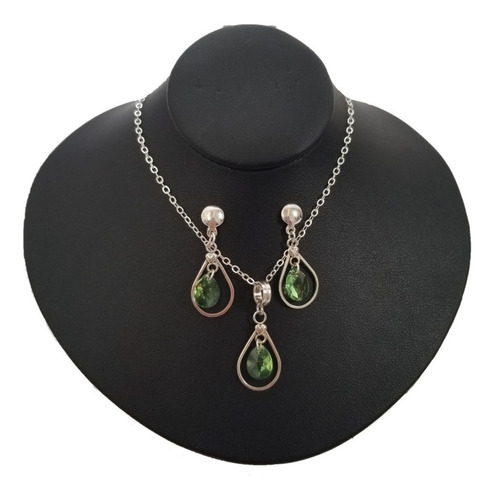 Set Pack Aretes Collar Gota Cristal Verde Joya En Plata