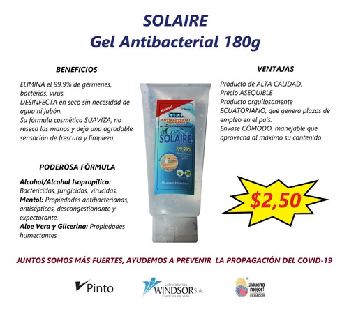 Gel Antibacterial Solaire 180g (70% Alcohol)