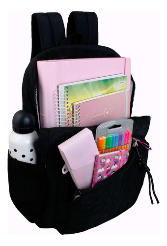 Mochila Escolar Feminina Resistente Chaveiro Grande Cor Preto Desenho Do Tecido Liso