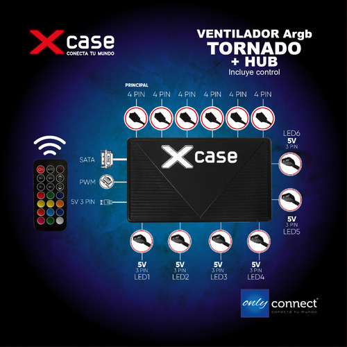 Kit 4 Ventiladores Xcase Gamer Argb Tornado + Hub + Remoto Negro/argb