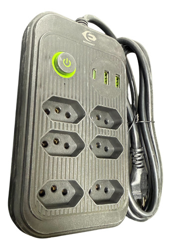Regua Extensão De 6 Tomadas 2usb + 1tipo-c 3metros 127v/220v Preto