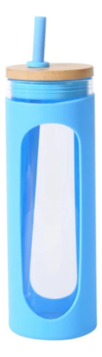 Botella De Cristal Para Agua Con Pajita Y Tapa De Bambú Color Azul