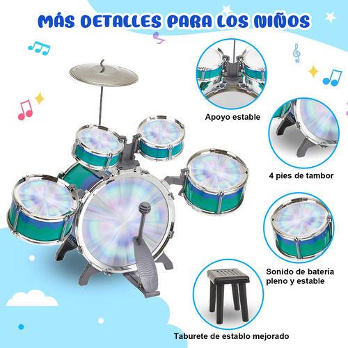 Batería Musical de Juguete Rovtop Toddler Drum Set Azul, Batería Niños Banco Baquetas Platillo Bombo Musicales Toygagade, 5 Tambor