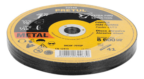 Paq. 10 Discos Tipo 41 Corte Fino 7''  1.5mm Pretul 22349