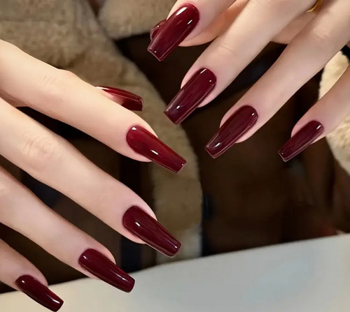 24 Pz Uñas Postizas Lisa Color Vino Bailarina Corta Press On Vino Lisa