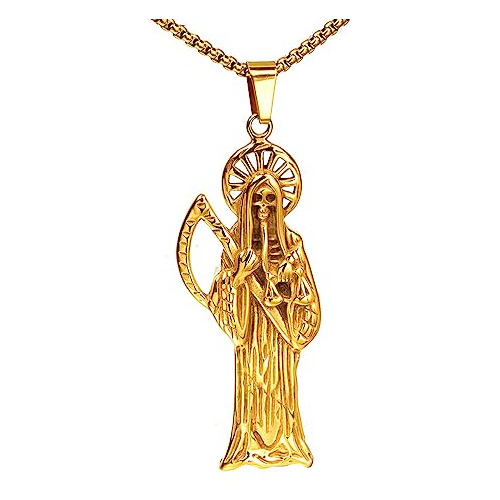 Collar De Santa Muerte Con Diamantes Chapado En Oro De 14 Qu