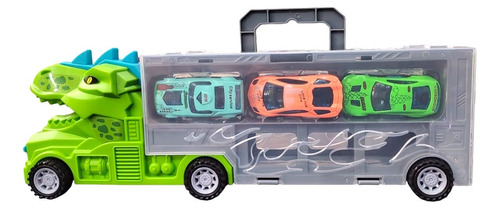 Camion Dino Porta Autos Con Lanzador + 3autitos ELG 866-107 Color Verde Personaje Dinosaurio