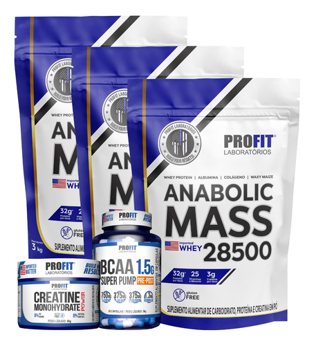 Combo 3 Anabolic Mass 28500 3kg + Creatina + Bcaa 60 Caps