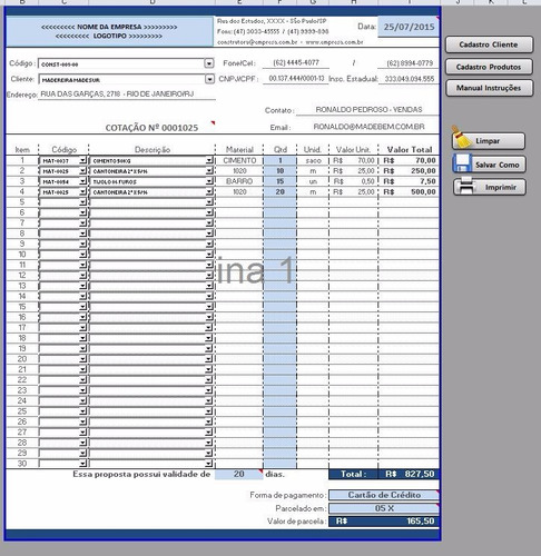 Planilha Excel Pronta - Cotação+cadastro Produtos E Clientes