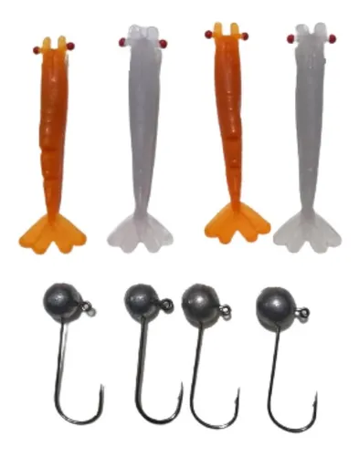 Kit Com 20 Camarão Artificial E 4 Jig Head Isca Robalo Iscas