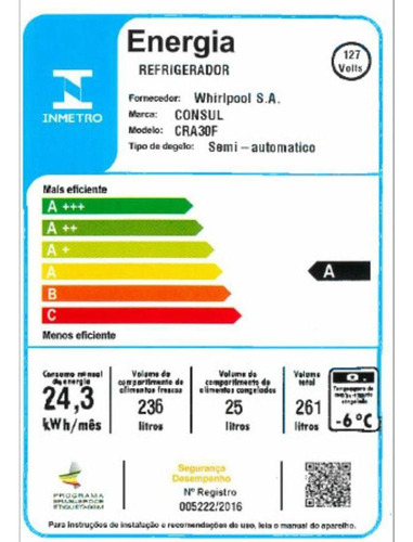 Refrigerador Consul Degelo Seco Cra30fb 261l Branco - 110v