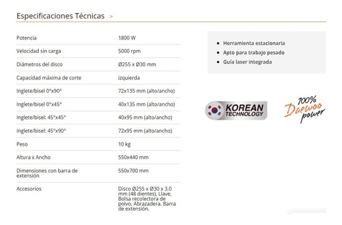 Imagen 4 de 10 de Sierra Ingletadora 255mm 1800w 10'' Daewoo Biseladora C/guia