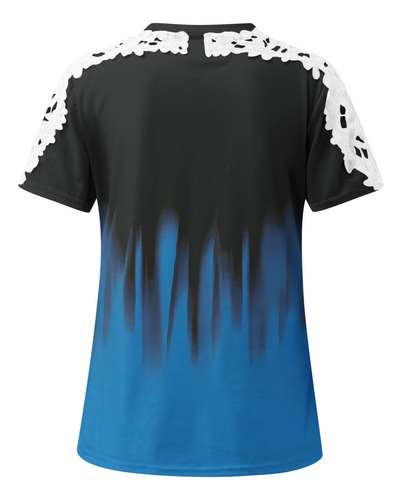 Camiseta Estampada Con Cuello Redondo Y Costuras De Encaje D