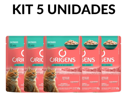 Kit 5un Sachê Origens Para Gato Adulto Castrado Salmão 85g