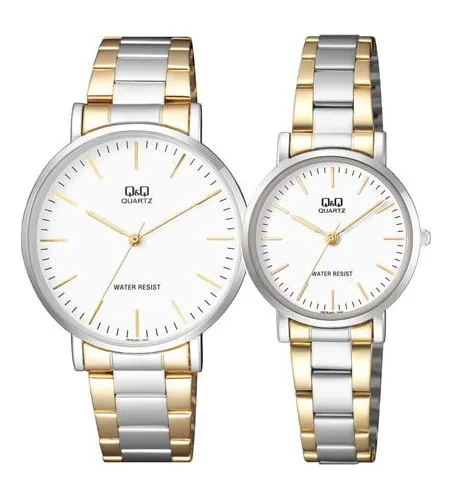 Reloj Pareja Q q Duo Hombre Mujer Dorado Metal Relojes Cuotas