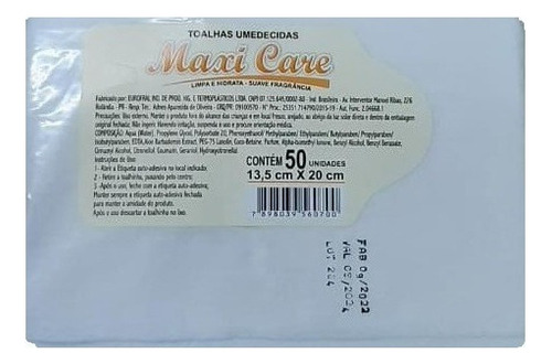 Toalha Umedecida Maxi Care C/50 Unidades