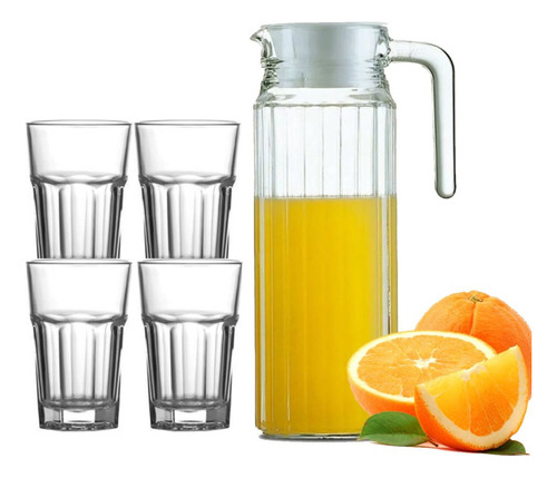 Jogo De Jarra 1l Com 4 Copos 390ml Em Vidro Para Suco Água
