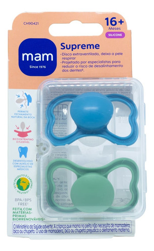 Kit Com 2 Chupetas Supreme Mam 16m+ Azul + Estojo
