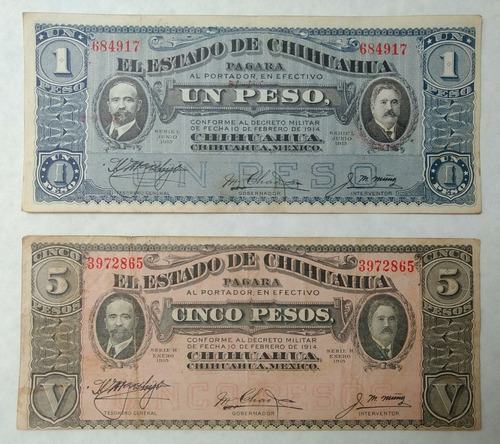 Billetes 1 Y 5 Pesos Chihuahua 1914 + Catálogo Monedas (Usado)